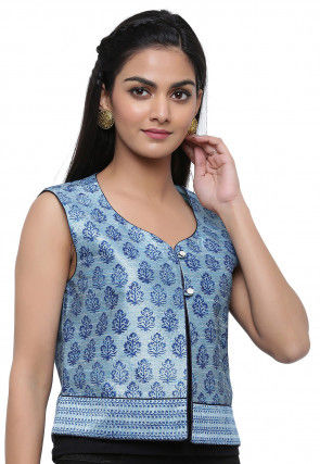 Block Printed Dupion Silk Jacket in Pastel Blue