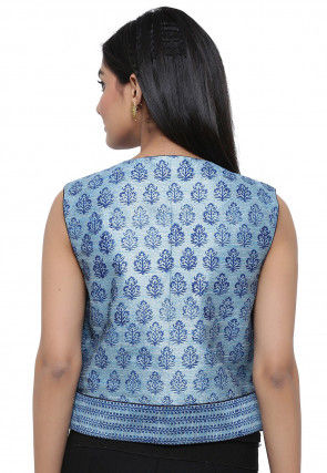 Block Printed Dupion Silk Jacket in Pastel Blue