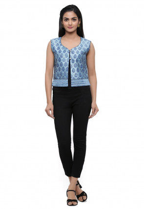 Block Printed Dupion Silk Jacket in Pastel Blue