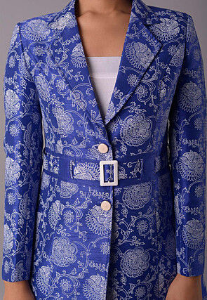 Block Printed Dupion Silk Jacket in Royal Blue