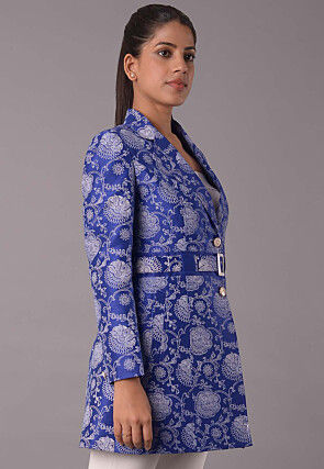 Block Printed Dupion Silk Jacket in Royal Blue