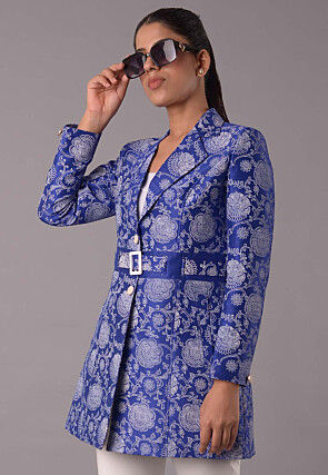 Block Printed Dupion Silk Jacket in Royal Blue