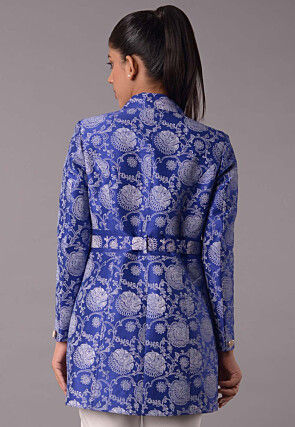 Block Printed Dupion Silk Jacket in Royal Blue