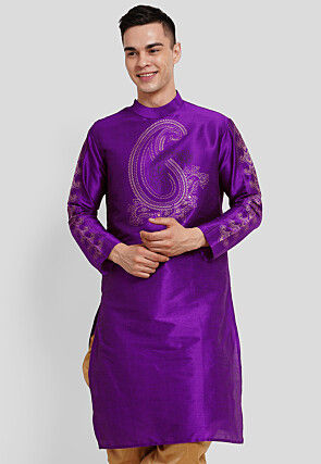 Block Printed Dupion Silk Kurta in Purple