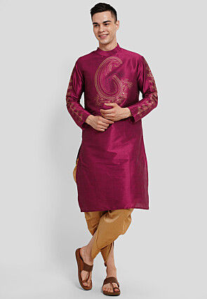 Block Printed Dupion Silk Kurta Set in Magenta