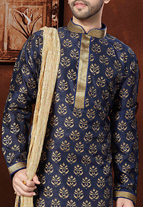 Block Printed Dupion Silk Kurta Set in Navy Blue