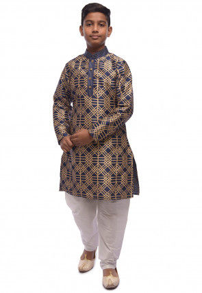 Block Printed Dupion Silk Kurta Set in Navy Blue