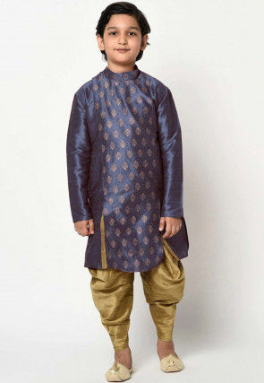 Block Printed Dupion Silk Kurta Set in Navy Blue