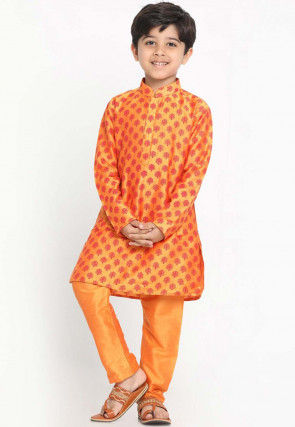 Block Printed Dupion Silk Kurta Set in Orange