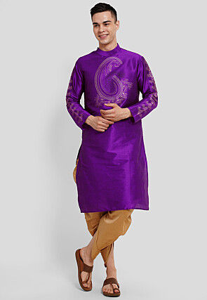 Block Printed Dupion Silk Kurta Set in Purple