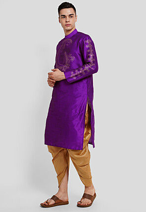Block Printed Dupion Silk Kurta Set in Purple