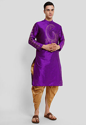 Block Printed Dupion Silk Kurta Set in Purple