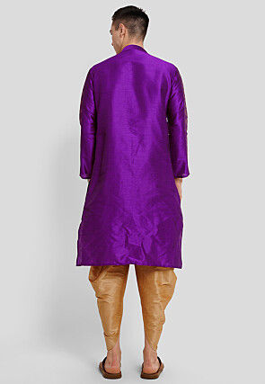 Block Printed Dupion Silk Kurta Set in Purple