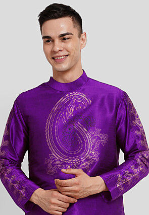 Block Printed Dupion Silk Kurta Set in Purple