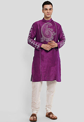 Block Printed Dupion Silk Kurta Set in Purple