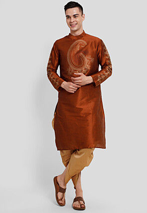 Block Printed Dupion Silk Kurta Set in Rust