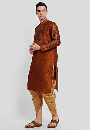 Block Printed Dupion Silk Kurta Set in Rust