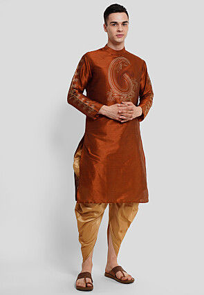 Block Printed Dupion Silk Kurta Set in Rust