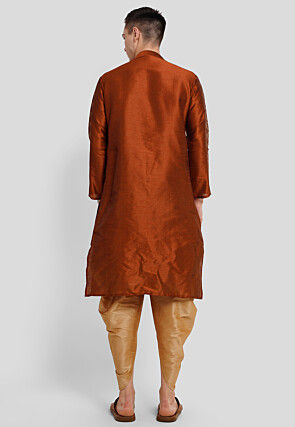 Block Printed Dupion Silk Kurta Set in Rust
