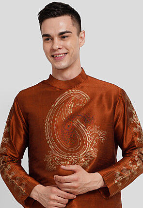 Block Printed Dupion Silk Kurta Set in Rust