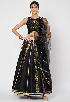 Block Printed Dupion Silk Lehenga in Black
