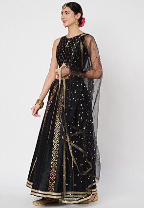 Block Printed Dupion Silk Lehenga in Black
