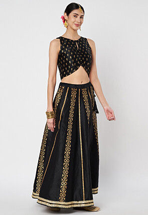 Block Printed Dupion Silk Lehenga in Black