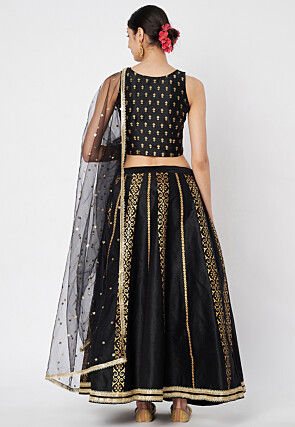 Block Printed Dupion Silk Lehenga in Black