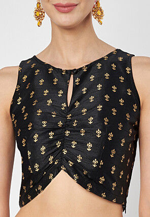 Block Printed Dupion Silk Lehenga in Black