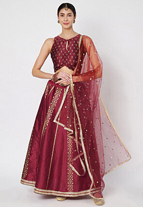 Block Printed Dupion Silk Lehenga in Maroon