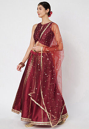 Block Printed Dupion Silk Lehenga in Maroon