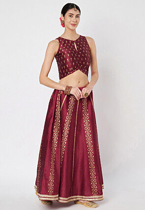 Block Printed Dupion Silk Lehenga in Maroon