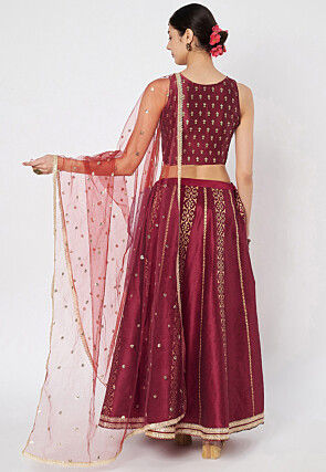 Block Printed Dupion Silk Lehenga in Maroon