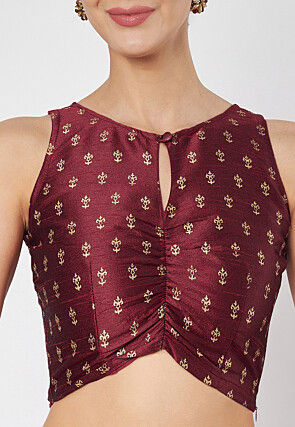 Block Printed Dupion Silk Lehenga in Maroon