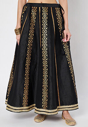 Block Printed Dupion Silk Skirt in Black