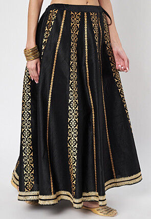 Block Printed Dupion Silk Skirt in Black
