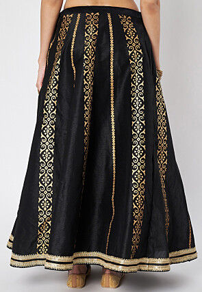 Block Printed Dupion Silk Skirt in Black