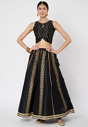 Block Printed Dupion Silk Skirt in Black