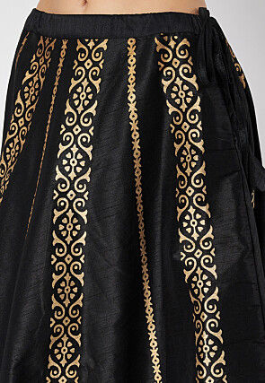 Block Printed Dupion Silk Skirt in Black