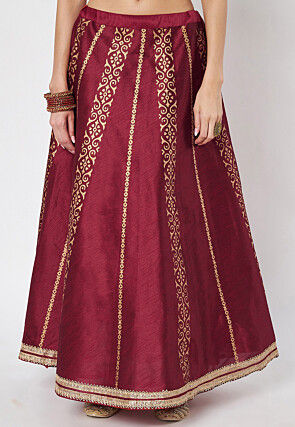 Block Printed Dupion Silk Skirt in Maroon