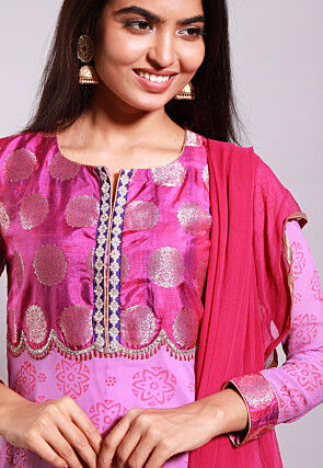 Block Printed Georgette A Line Suit in Pink