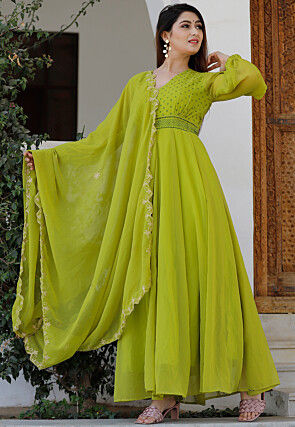 Block Printed Georgette Abaya Style Kameez in Green
