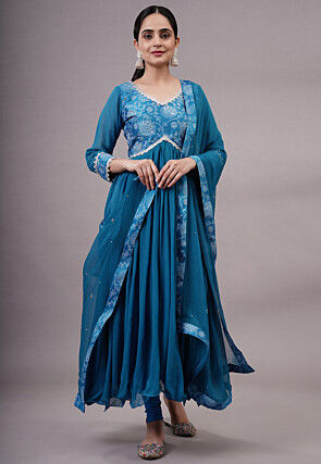 Block Printed Georgette Aline Suit in Teal Blue