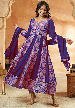 Block Printed Georgette Anarkali Suit in Blue