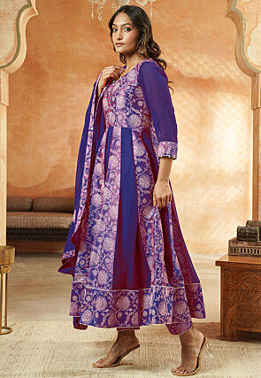 Block Printed Georgette Anarkali Suit in Blue