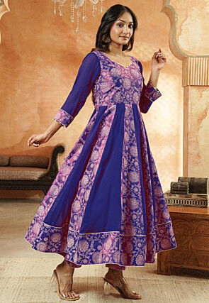 Block Printed Georgette Anarkali Suit in Blue