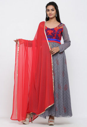 Block Printed Georgette Anarkali Suit in Grey