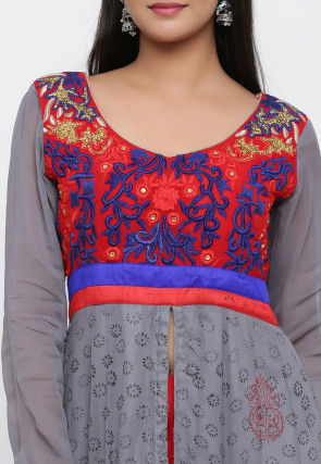 Block Printed Georgette Anarkali Suit in Grey