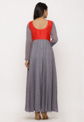 Block Printed Georgette Anarkali Suit in Grey