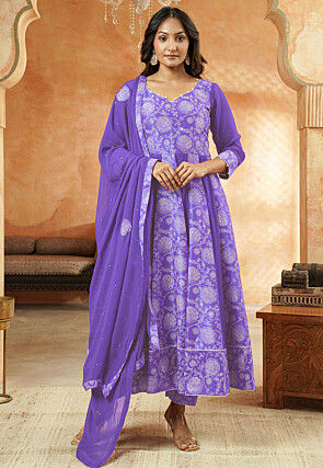 Block Printed Georgette Anarkali Suit in Light Purple